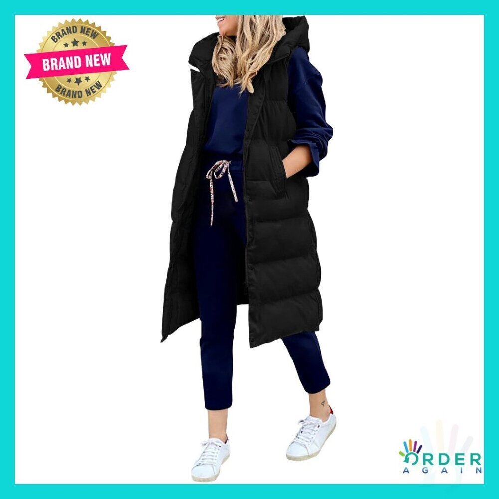 Long Puffer Vest Hooded Sleeveless Down Jacket Coats with Pockets